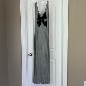 Papaya gray maxi dress with a black bow.